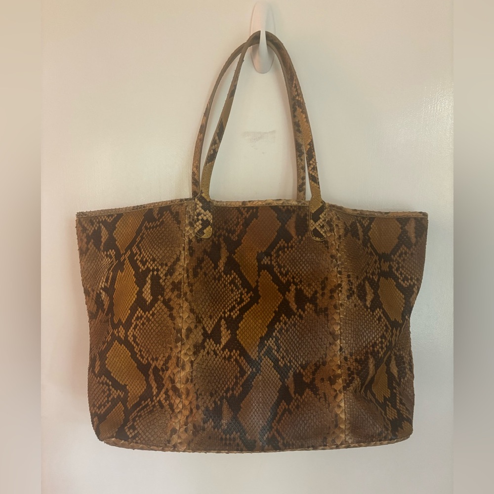 Snake-Embossed Brown Tote Bag with Double Shoulder Straps